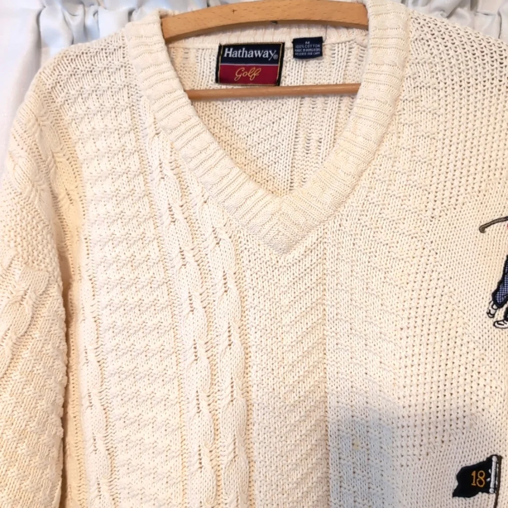 Hathaway Golf VTG Cotton‎ Cable Knit Men's Sweater Embroidered V-Neck Medium